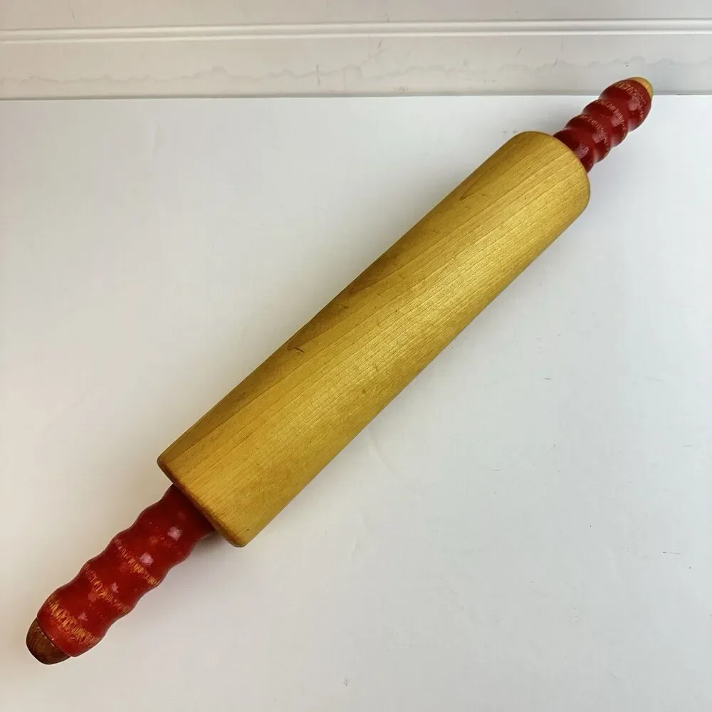 VTG Maple Wood Rolling Pin Red Ribbed Handles 17” Long Farmhouse Cottagecore